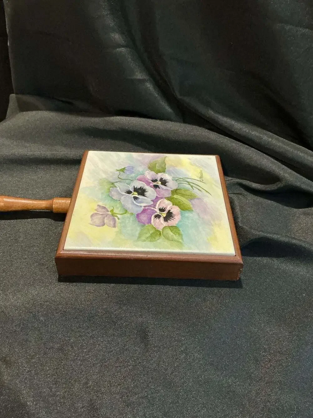 Franciscan Tile Wooden Handle Trivet Pansies J. Rhodin